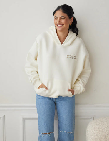 Cozy Cream Hoodie with Inspirational Bible Verse Genesis 1:27