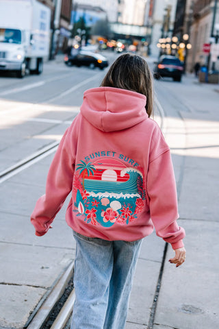 Sunset Surf Hoodie in Coral Hibiscus for Cozy Everyday Adventures