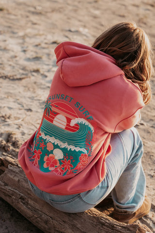 Sunset Surf Hoodie in Coral Hibiscus for Cozy Everyday Adventures