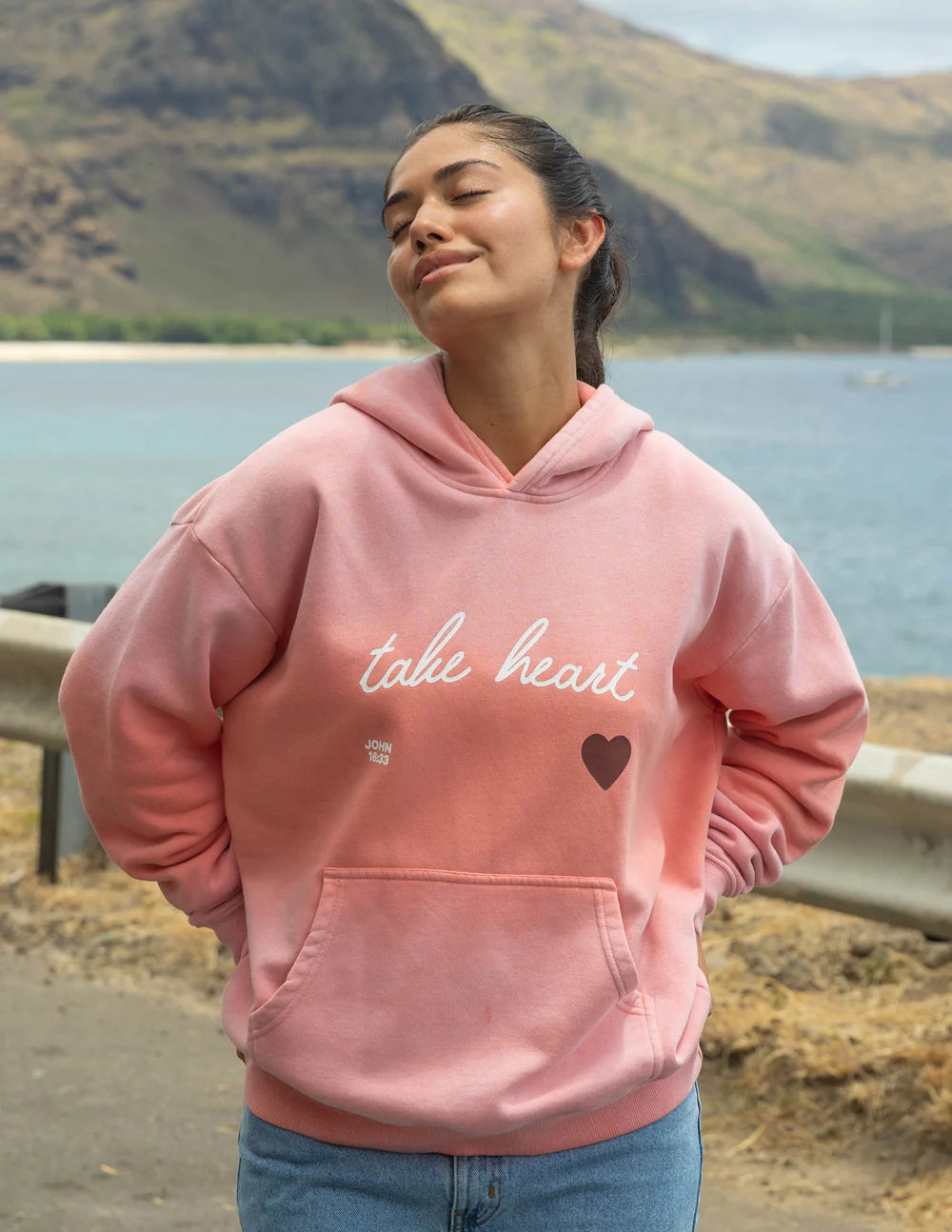Take Heart Unisex Hoodie with Inspirational John 16:33 Print