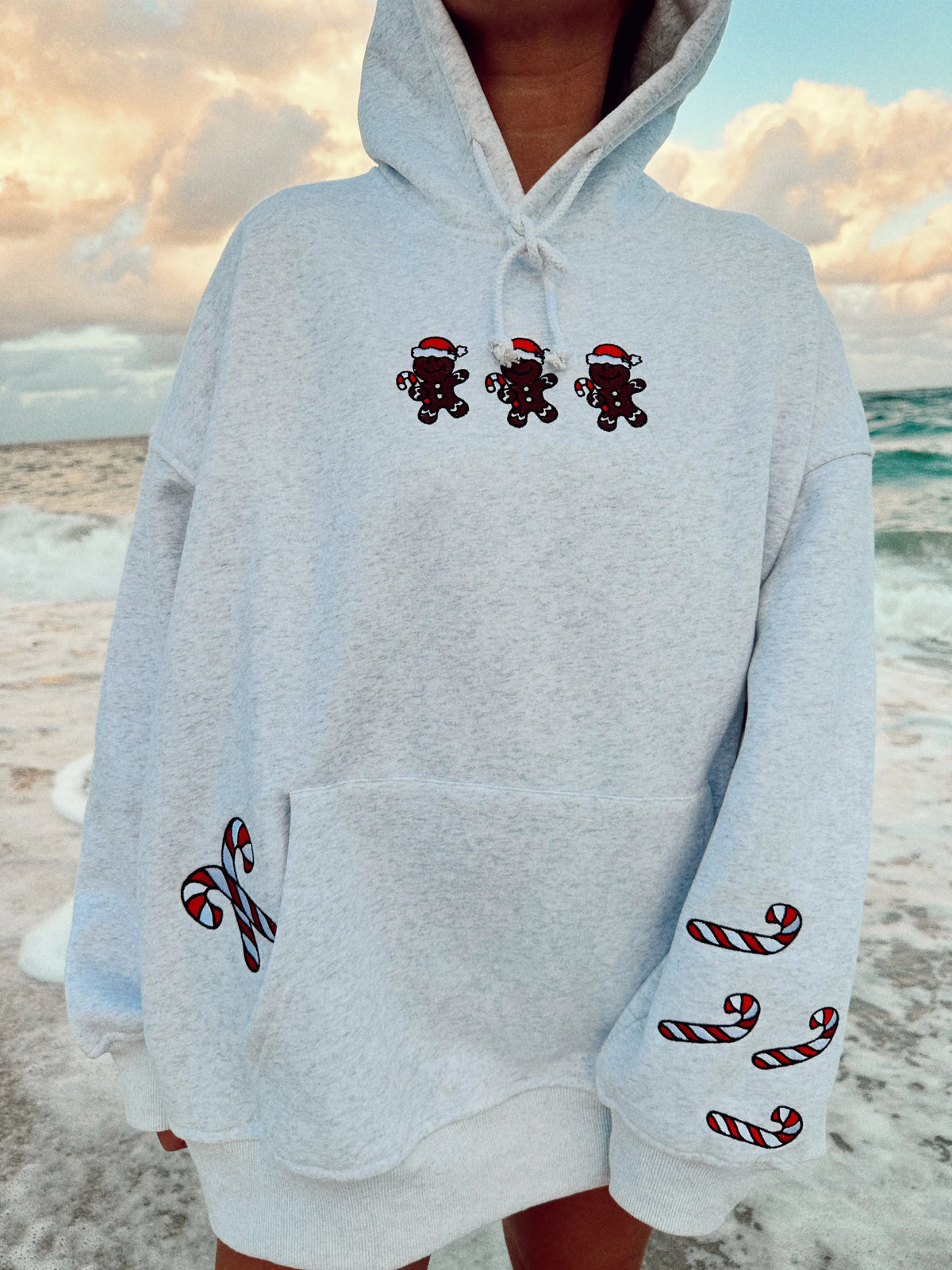 Pearl Grey Cozy Hoodie with Festive Gingerbread Recipe Embroidery