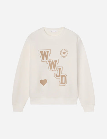 Cream Varsity Crewneck Sweatshirt with Inspirational WWJD Design