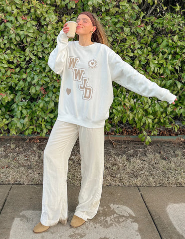 Cream Varsity Crewneck Sweatshirt with Inspirational WWJD Design