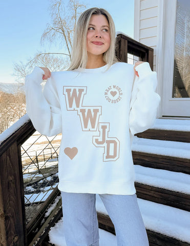 Cream Varsity Crewneck Sweatshirt with Inspirational WWJD Design