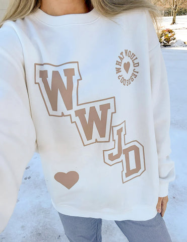 Cream Varsity Crewneck Sweatshirt with Inspirational WWJD Design