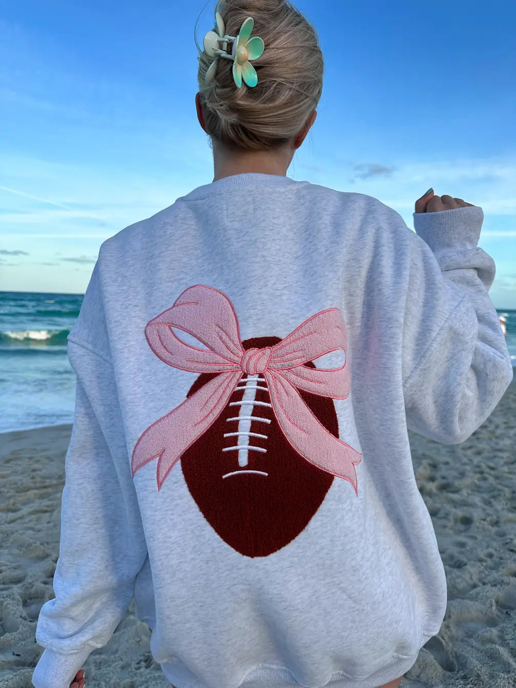 Game Day Embroidered Sweatshirt with Pearl Grey Pink Bow