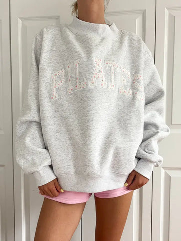 Pearl Grey Mockneck Sweatshirt with Pilates Embroidery - Effortless Everyday Elegance