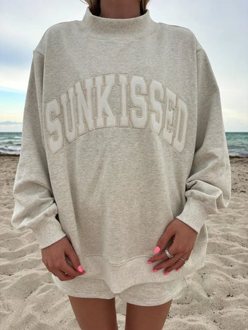 Oversized Oat Milk Grey Sweatshirt with Sun Kissed Embroidery | Cozy Cotton Mockneck