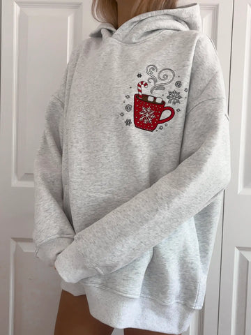 Cozy Hot Chocolate Christmas Embroidery Hoodie for Festive Comfort