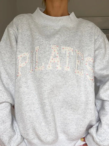 Pearl Grey Mockneck Sweatshirt with Pilates Embroidery - Effortless Everyday Elegance