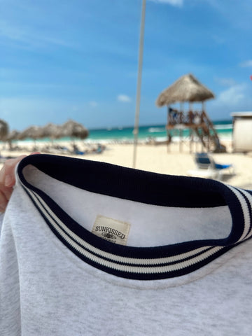 Pearl Grey and Navy Preppy Crewneck Sweatshirt for Effortless Style