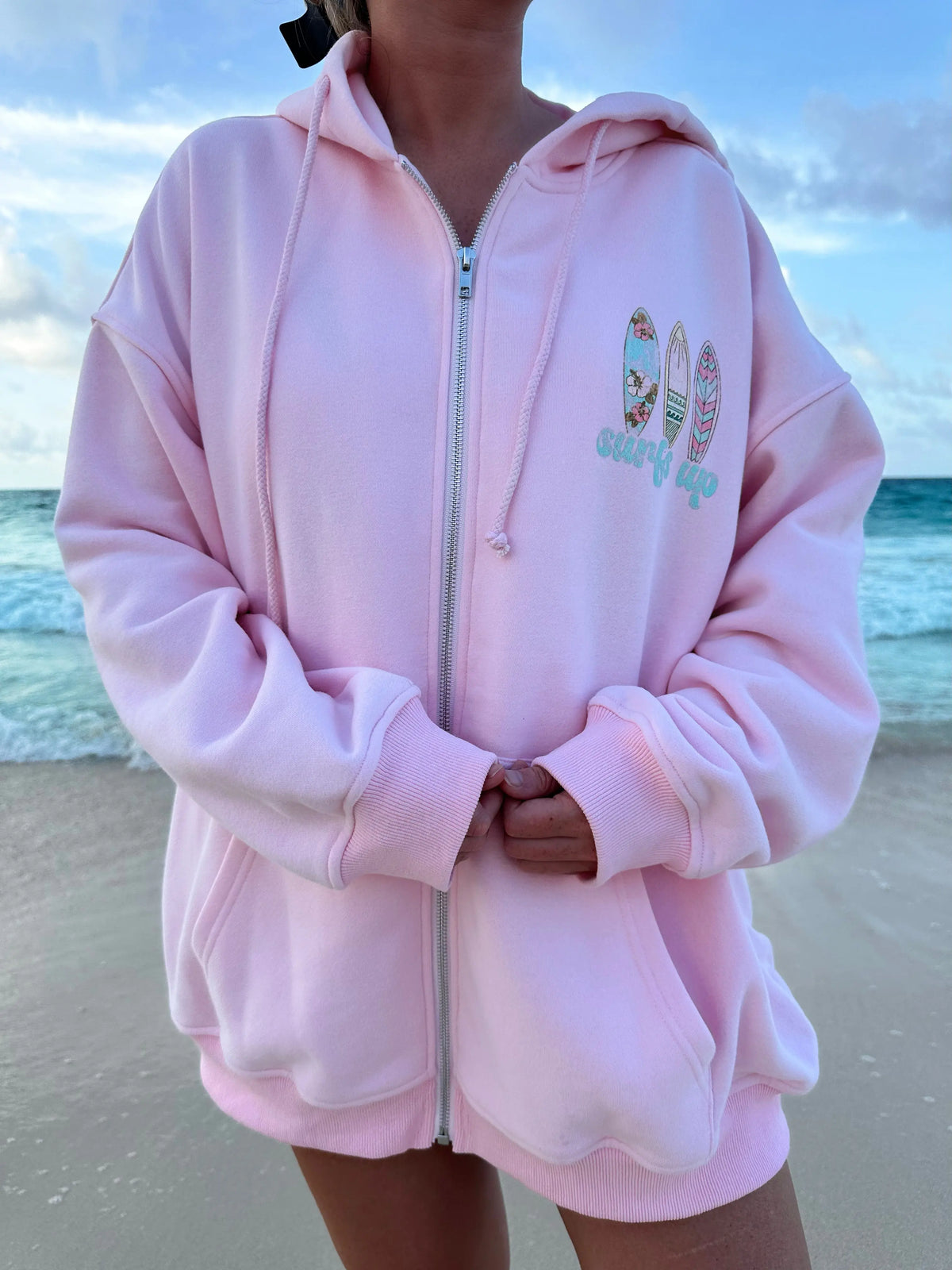 Effortless Beach Day Zip Up Hoodie in Soft Pink