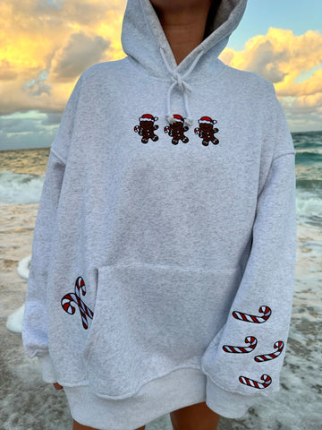 Pearl Grey Cozy Hoodie with Festive Gingerbread Recipe Embroidery